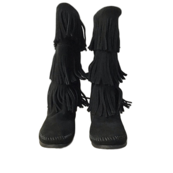 Minnetonka Suede Leather 3-Layer Fringe Boot Black Size 5 New - Picture 2 of 7